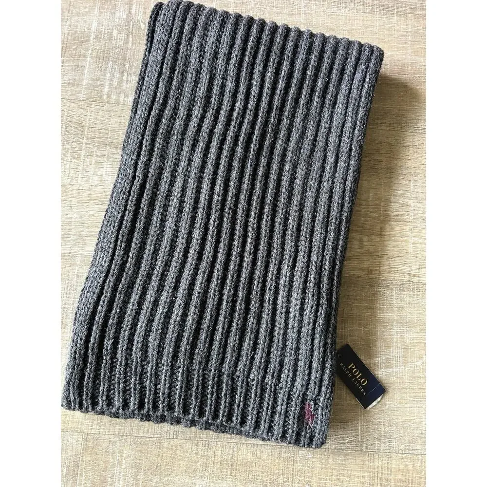 Polo Ralph Lauren Scarf Gray Rib Knit Logo Mens 10x72 Classic Preppy Classic NWT